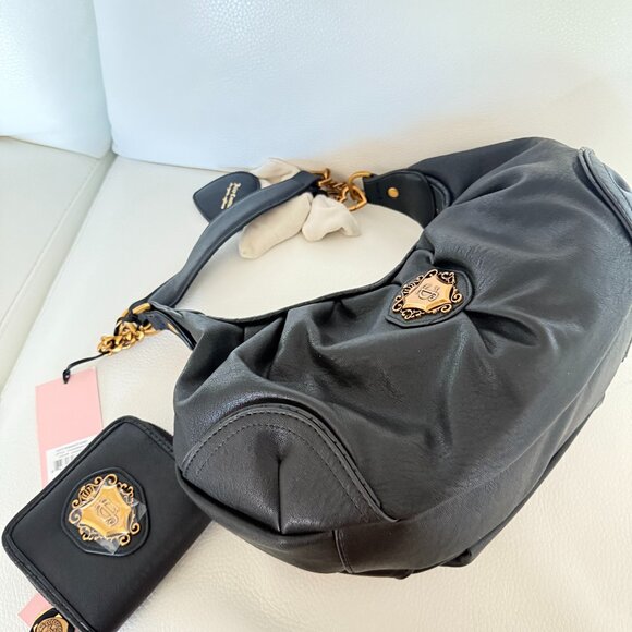 JUICY COUTURE JUICY ROMANCE HOBO BAG & WALLET BLACK BEIGE BOW KEY FOB - Picture 3 of 9